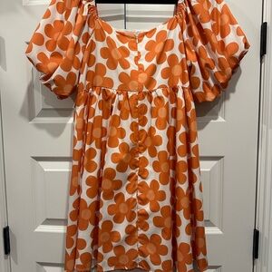 Orange Floral Puff Sleeve Dress